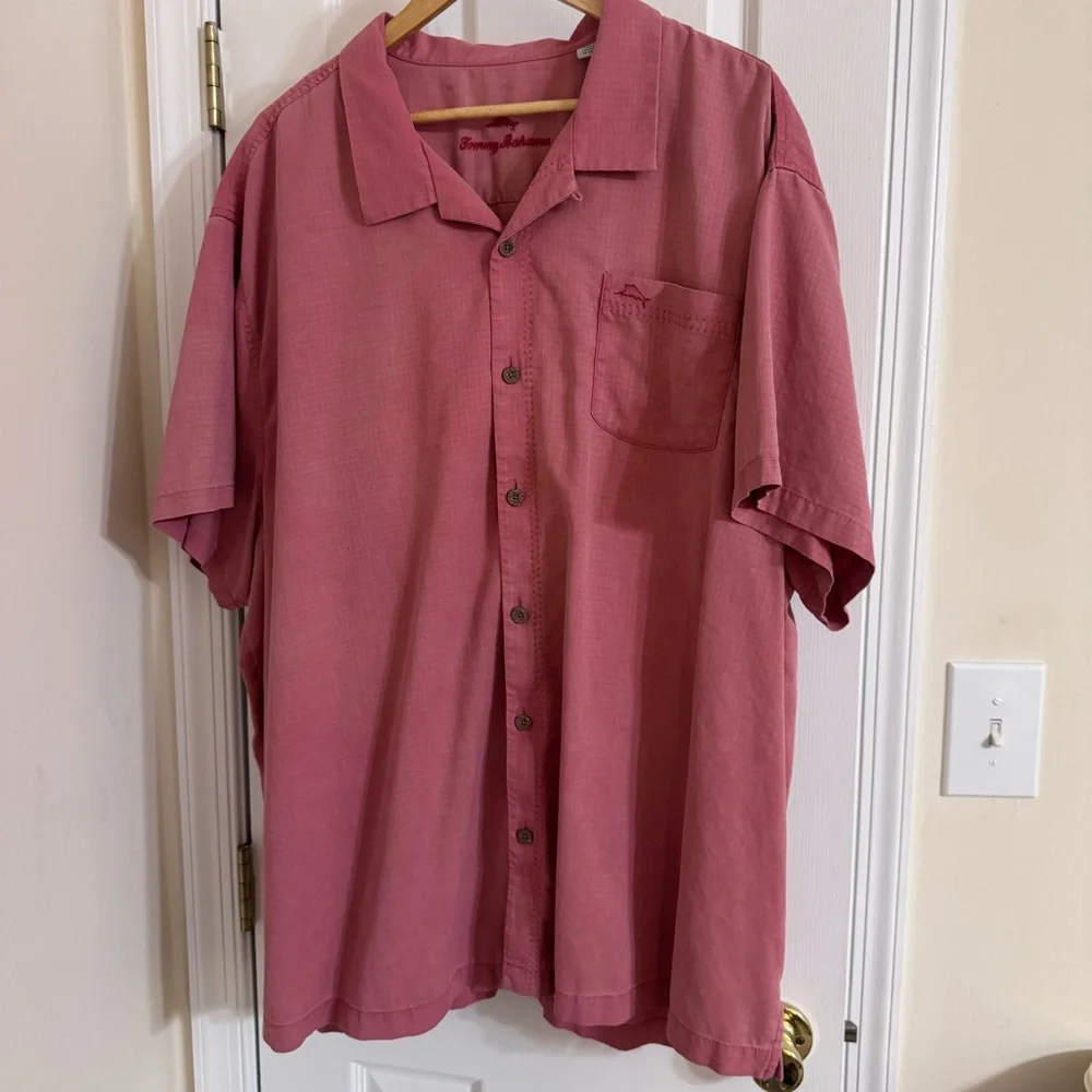 Tommy Bahama Silk Camp Shirt Solid Red Jacquard Checkered Textured Men's 3XL